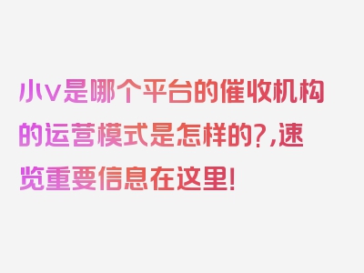 小v是哪个平台的催收机构的运营模式是怎样的?，速览重要信息在这里！