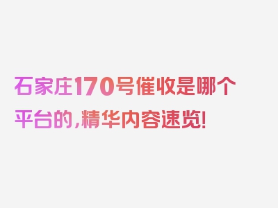石家庄170号催收是哪个平台的，精华内容速览！